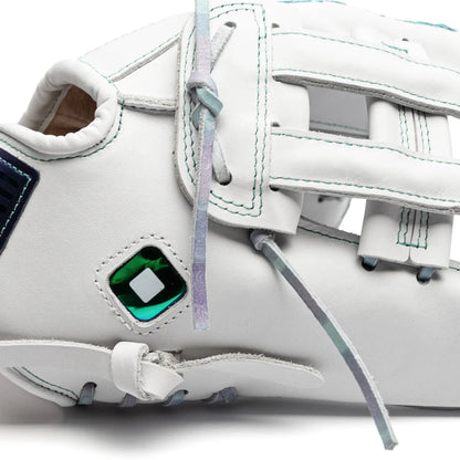 Close-up of a white Nokona Halo 12″ Fastpitch Glove: WHT-EP1200H with teal stitching, iridescent laces, and a diamond-shaped green emblem on the side.