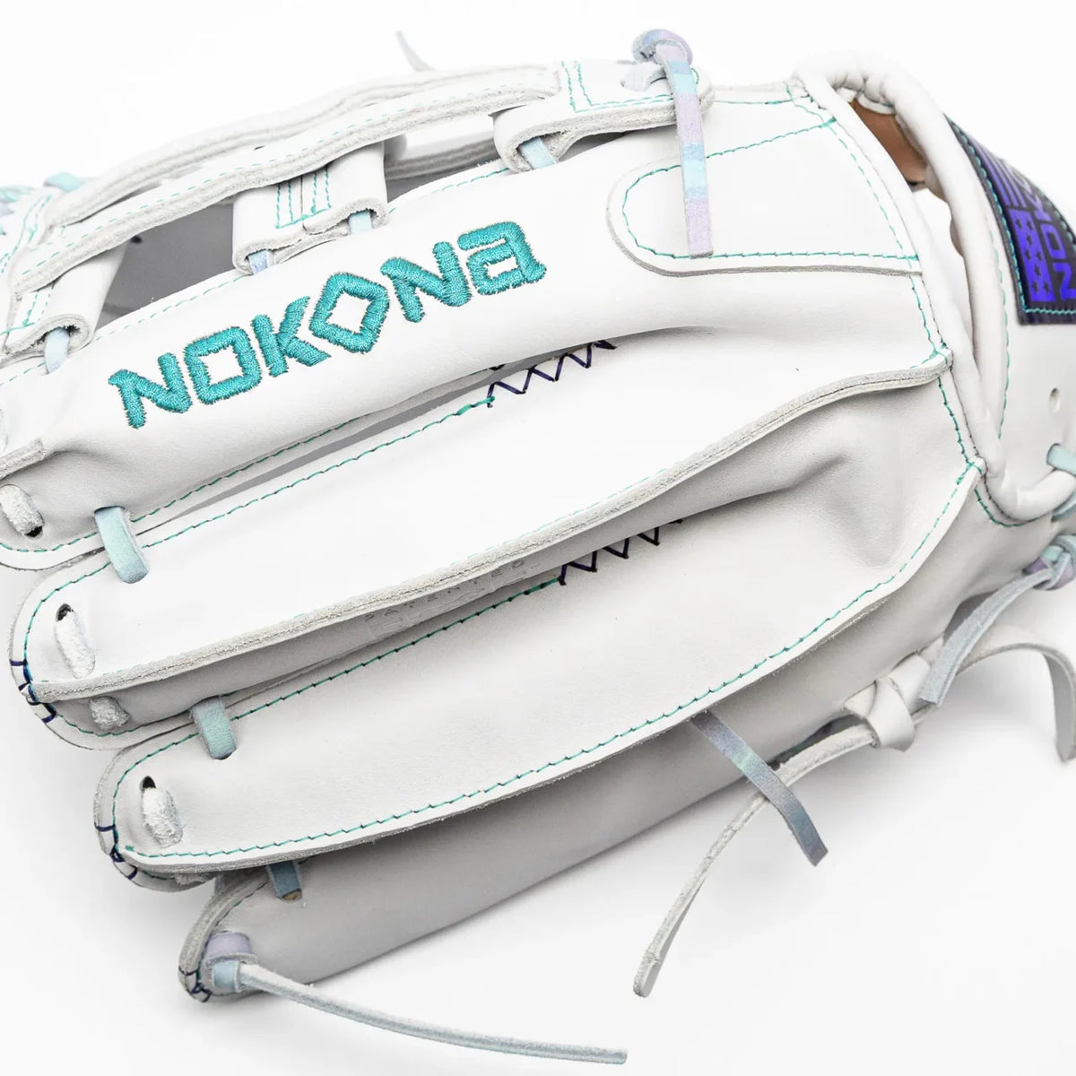 Nokona Halo 12″ Fastpitch Glove: WHT-EP1200H in white AmericanKIP leather featuring teal stitching and multicolored laces.