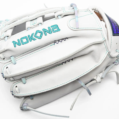 Nokona Halo 12″ Fastpitch Glove: WHT-EP1200H in white AmericanKIP leather featuring teal stitching and multicolored laces.