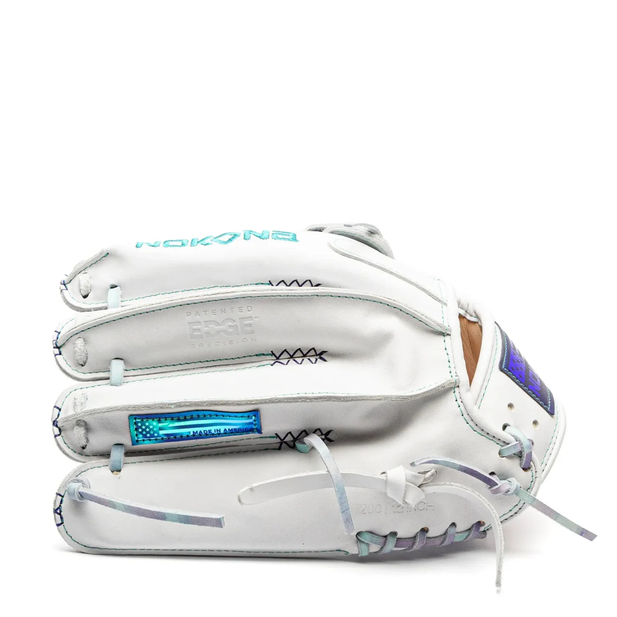 Nokona Halo 12″ Fastpitch Glove: WHT-EP1200H in white with light blue and iridescent accents.