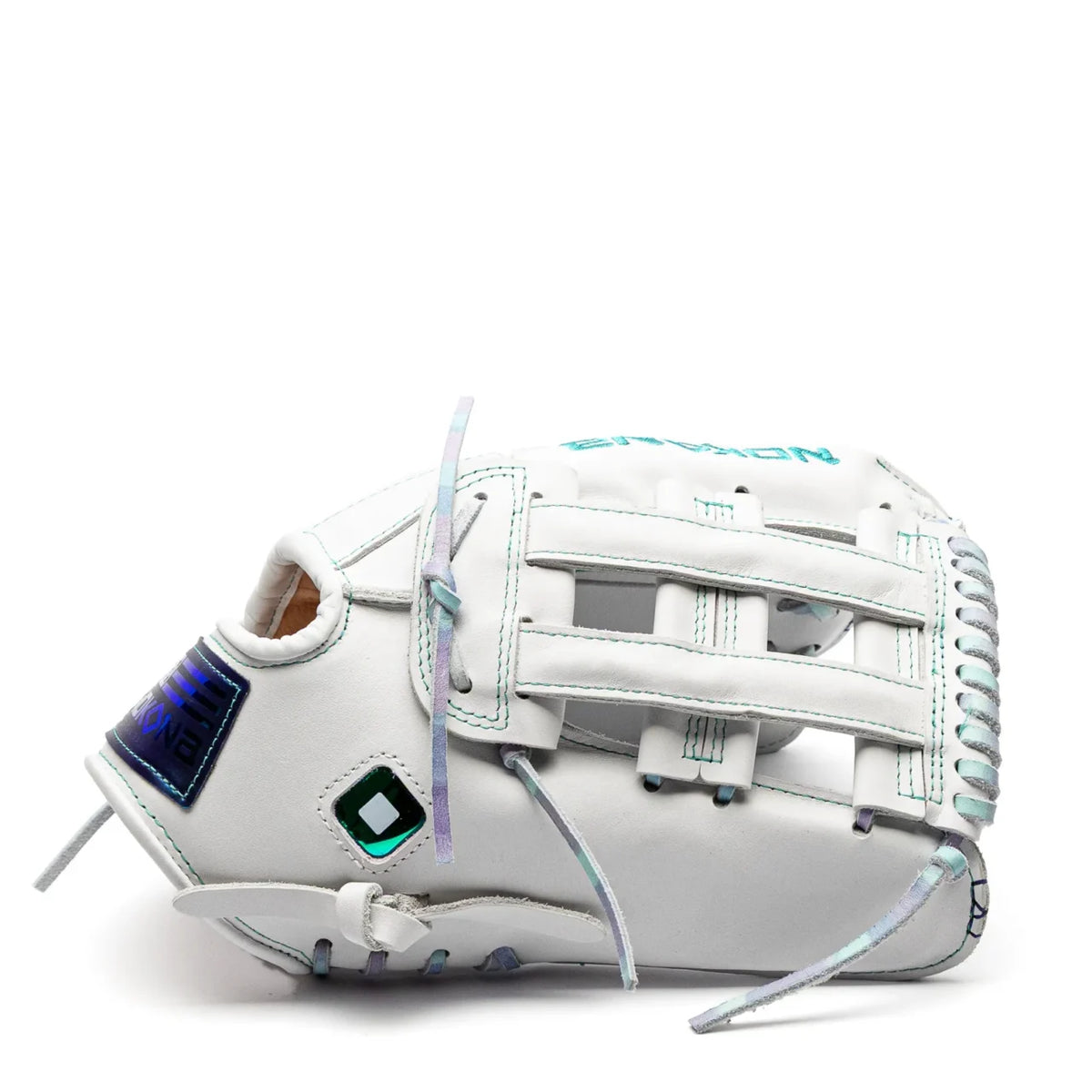 Nokona Halo 12″ Fastpitch Glove: WHT-EP1200H made of white AmericanKIP leather, featuring a webbed pocket, teal accents, and iridescent lacing.