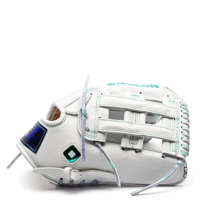 Nokona Halo 12″ Fastpitch Glove: WHT-EP1200H made of white AmericanKIP leather, featuring a webbed pocket, teal accents, and iridescent lacing.