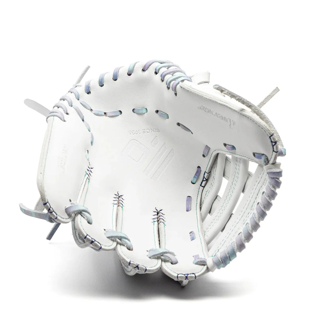 Nokona Halo 12″ Fastpitch Glove: WHT-EP1200H in white AmericanKIP leather with iridescent, multi-colored lacing.