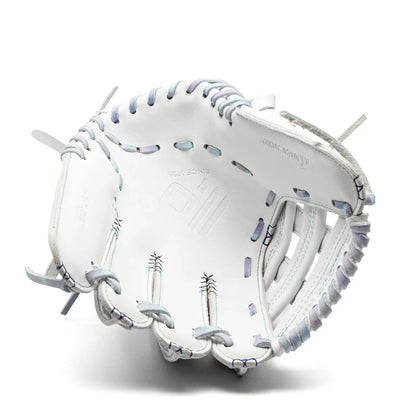 Nokona Halo 12″ Fastpitch Glove: WHT-EP1200H in white AmericanKIP leather with iridescent, multi-colored lacing.