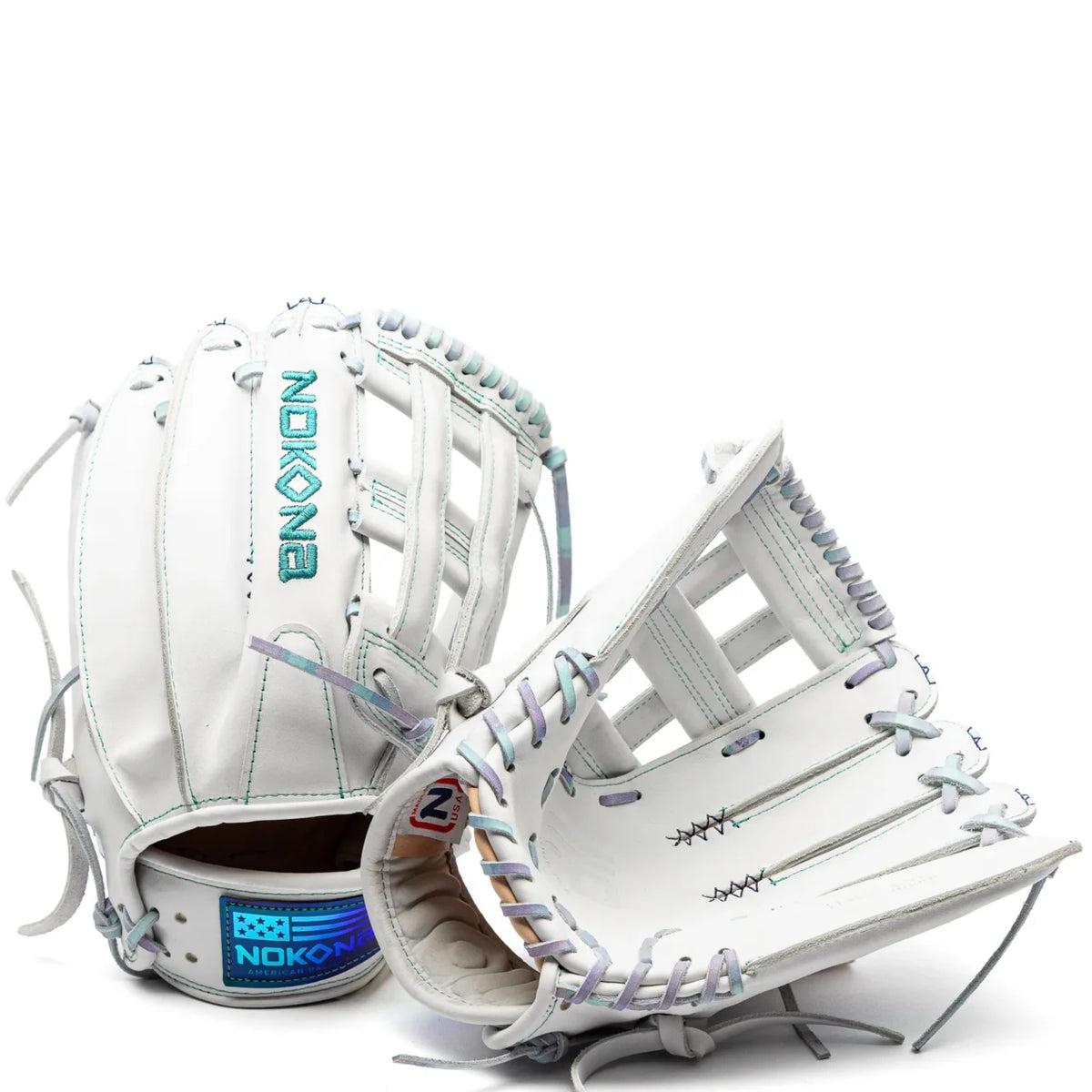 Two white Nokona Halo 12″ Fastpitch Glove: WHT-EP1200H AmericanKIP leather fastpitch softball gloves with iridescent lacing and teal embroidery.