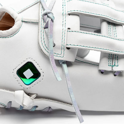 Close-up of a white Nokona Halo 12.5″ Fastpitch Glove: WHT-EP1250H with iridescent laces and a square, metallic green and white emblem.