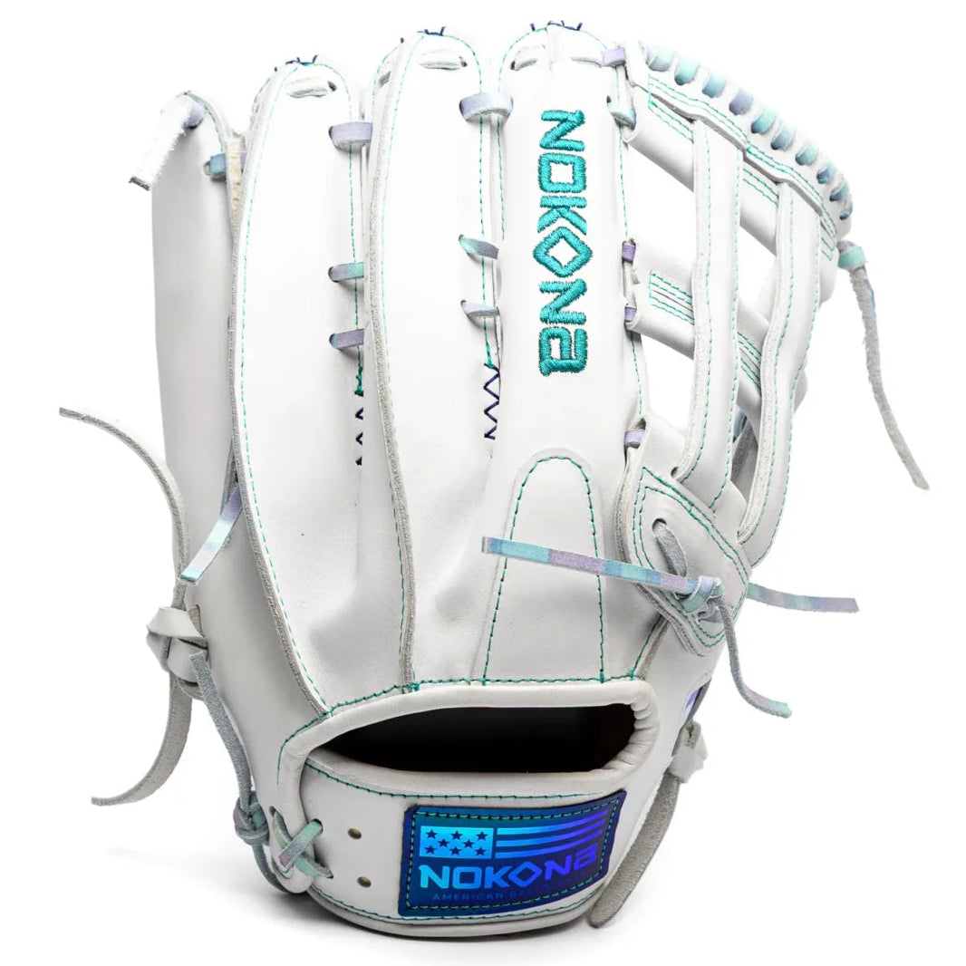 Nokona Halo 12.5″ Fastpitch Glove: WHT-EP1250H in white, featuring teal stitching, iridescent lacing, and a blue gradient patch on the wrist.