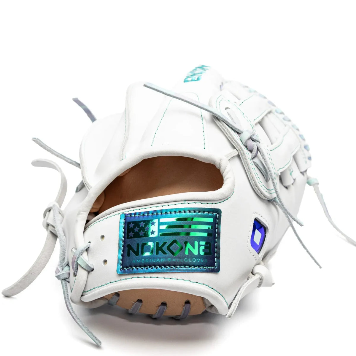 White Nokona Halo 12.5″ Fastpitch Glove: WHT-EP1250H featuring a teal iridescent patch with a flag graphic and branding on the wrist strap.