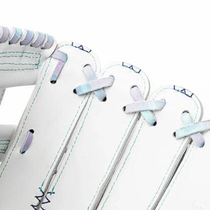 Nokona Halo 12.5″ Fastpitch Glove: WHT-EP1250H in white, featuring pastel-colored laces and teal stitching.