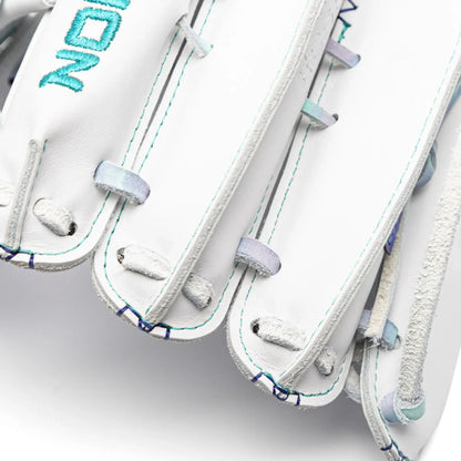 Close-up of a white Nokona Halo 12.5″ Fastpitch Glove: WHT-EP1250H with teal stitching and light blue lacing.