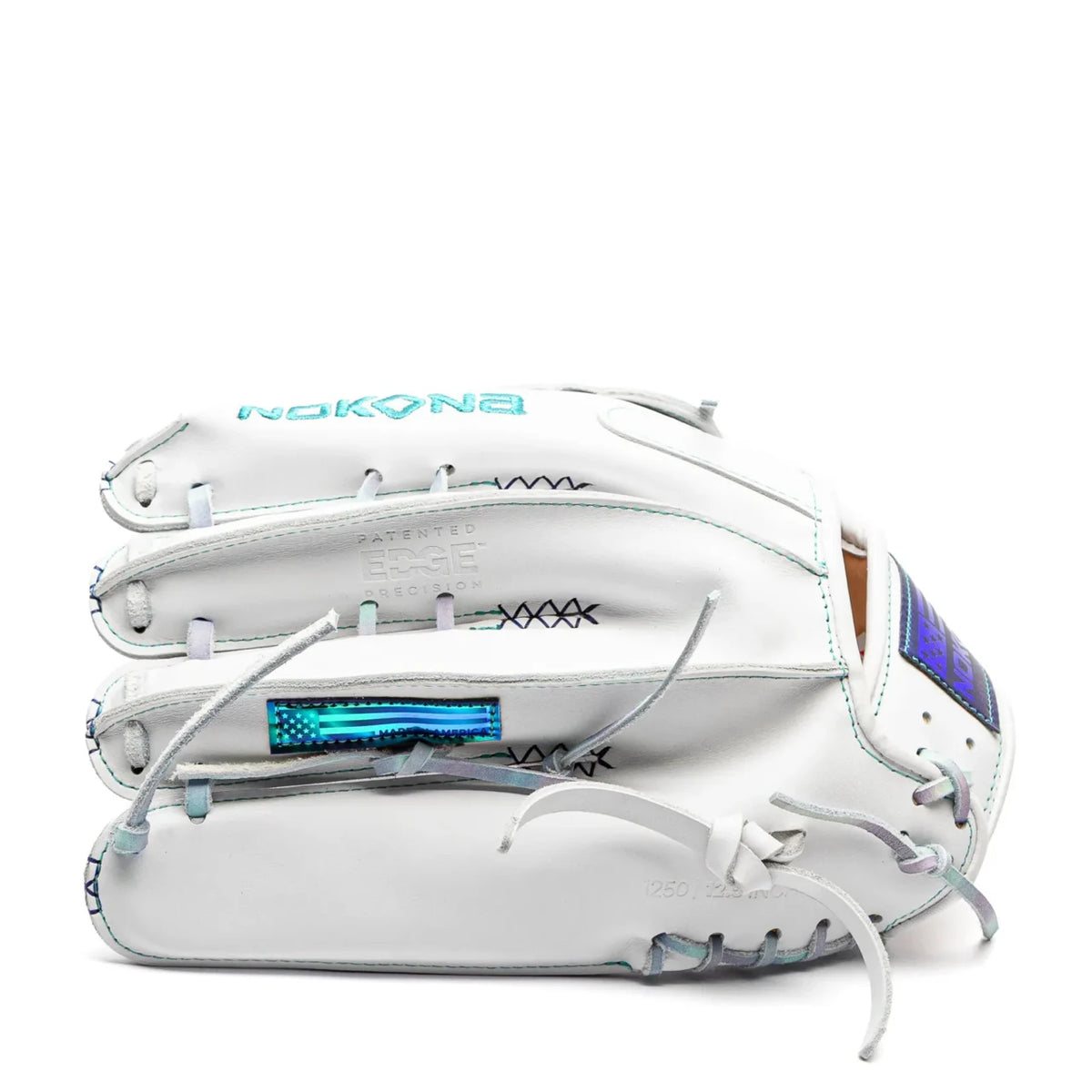 White Nokona Halo 12.5″ Fastpitch Glove: WHT-EP1250H with blue branding and iridescent accents.