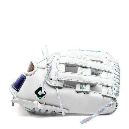 Nokona Halo 12.5″ Fastpitch Glove: WHT-EP1250H in white, featuring a webbed pocket, teal stitching, and iridescent accents.