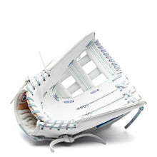 White Nokona Halo 12.5″ Fastpitch Glove: WHT-EP1250H with iridescent lacing.