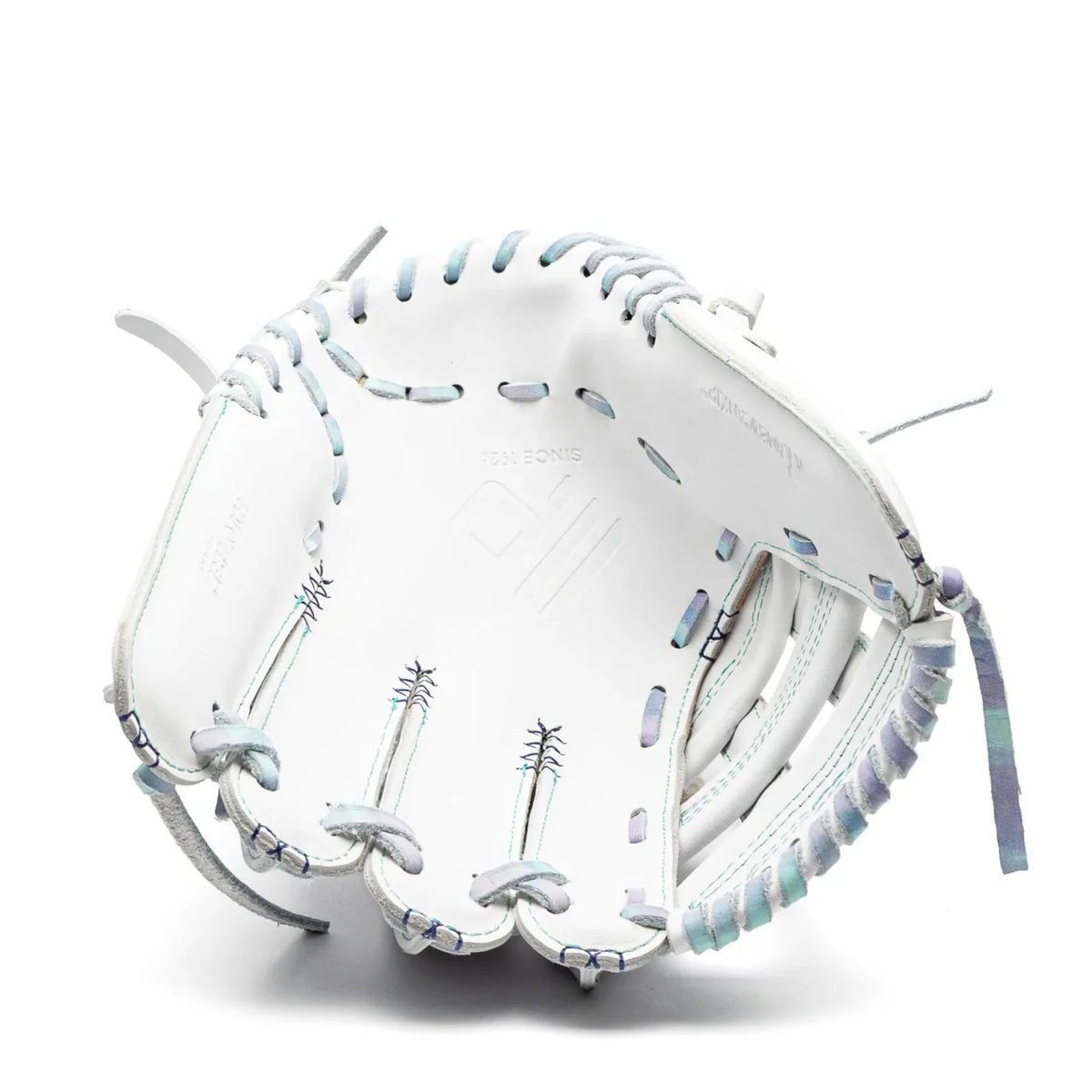 White Nokona Halo 12.5″ Fastpitch Glove: WHT-EP1250H with iridescent lacing and stitching.