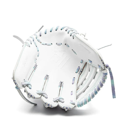 White Nokona Halo 12.5″ Fastpitch Glove: WHT-EP1250H with iridescent lacing and stitching.