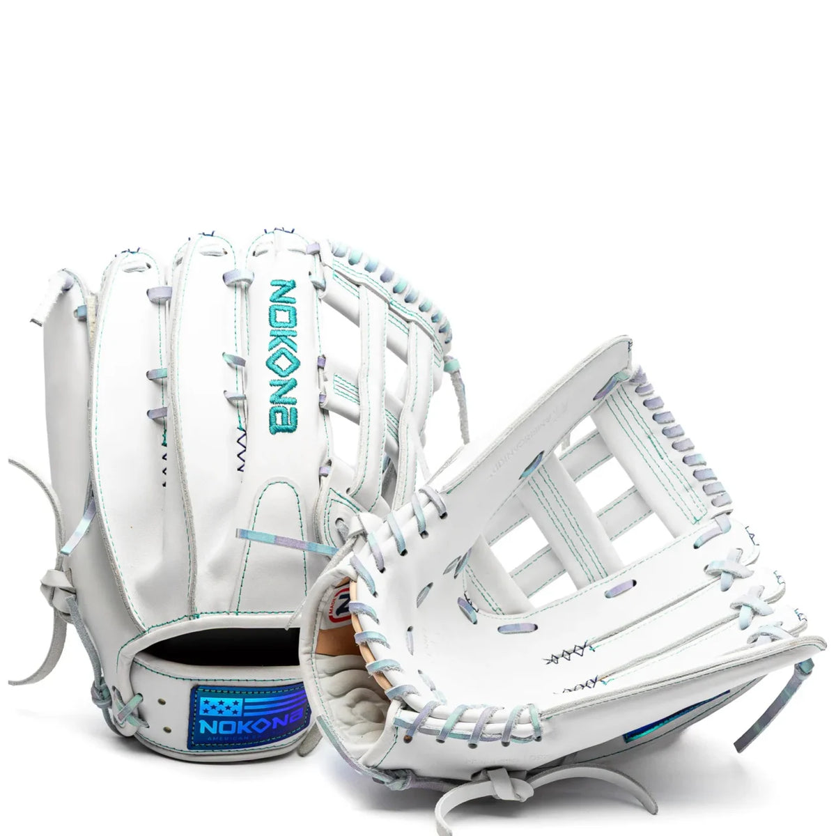 Two white Nokona Halo 12.5″ Fastpitch Glove: WHT-EP1250H outfield gloves with teal accents and lacing.