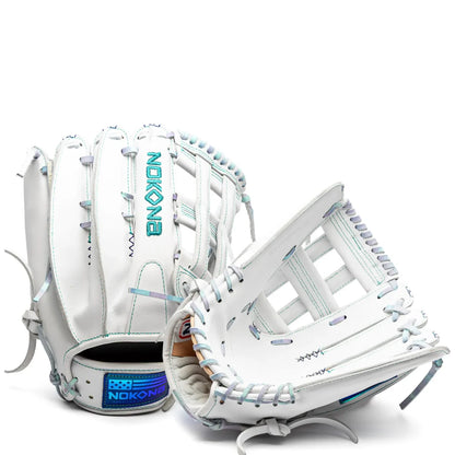 Two white Nokona Halo 12.5″ Fastpitch Glove: WHT-EP1250H outfield gloves with teal accents and lacing.