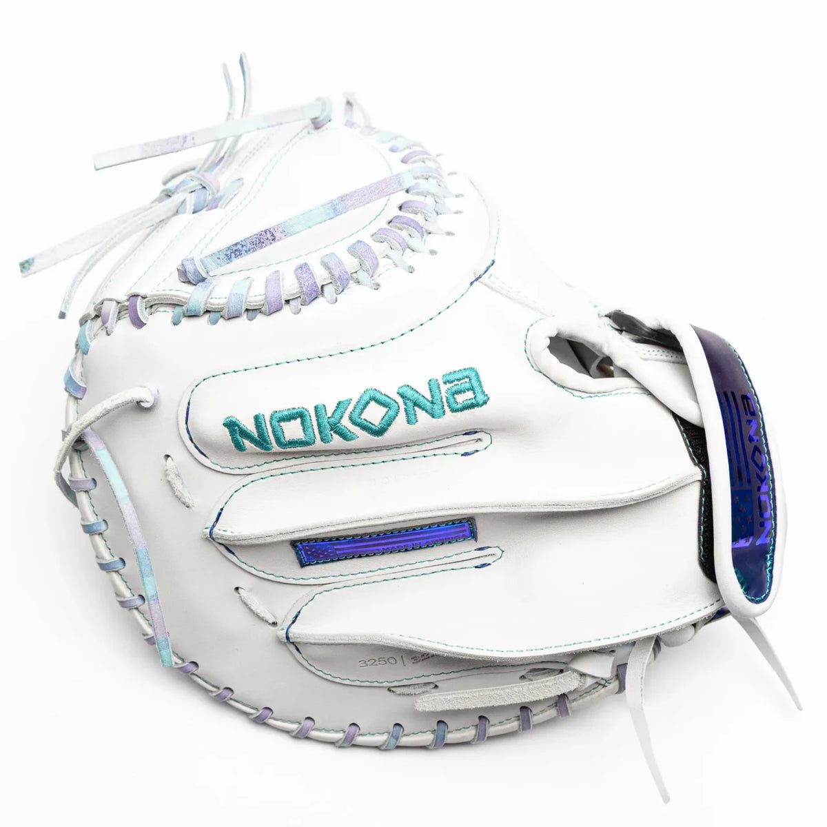 Nokona Halo 32.5″ Fastpitch Catcher’s Mitt: WHT-EPV3250C in white, featuring iridescent lacing and blue embroidered branding.
