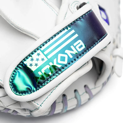 Close-up of a white Nokona Halo 32.5″ Fastpitch Catcher’s Mitt: WHT-EPV3250C featuring a wrist strap with a holographic finish displaying a flag icon and text.