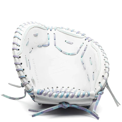 Nokona Halo 32.5″ Fastpitch Catcher’s Mitt: WHT-EPV3250C in white with multicolored pastel lacing.