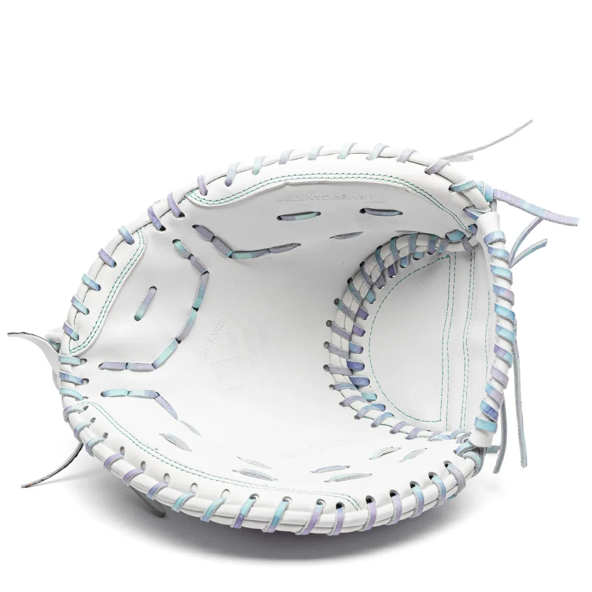 Nokona Halo 32.5″ Fastpitch Catcher’s Mitt: WHT-EPV3250C in white with multicolored pastel lacing.