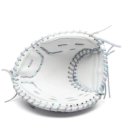 Nokona Halo 32.5″ Fastpitch Catcher’s Mitt: WHT-EPV3250C in white with multicolored pastel lacing.