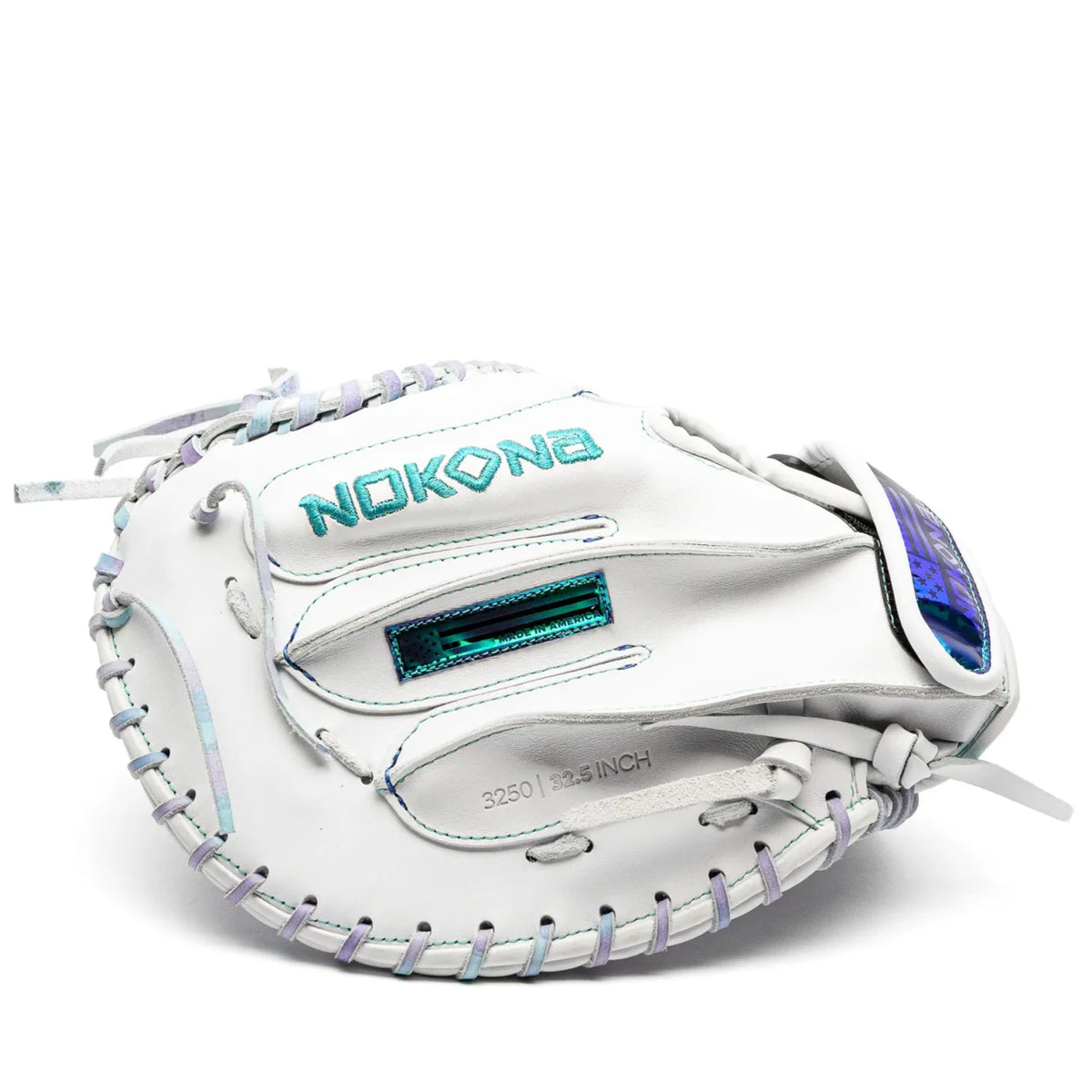 Nokona Halo 32.5″ Fastpitch Catcher’s Mitt: WHT-EPV3250C in white with iridescent lacing and blue-green lettering.