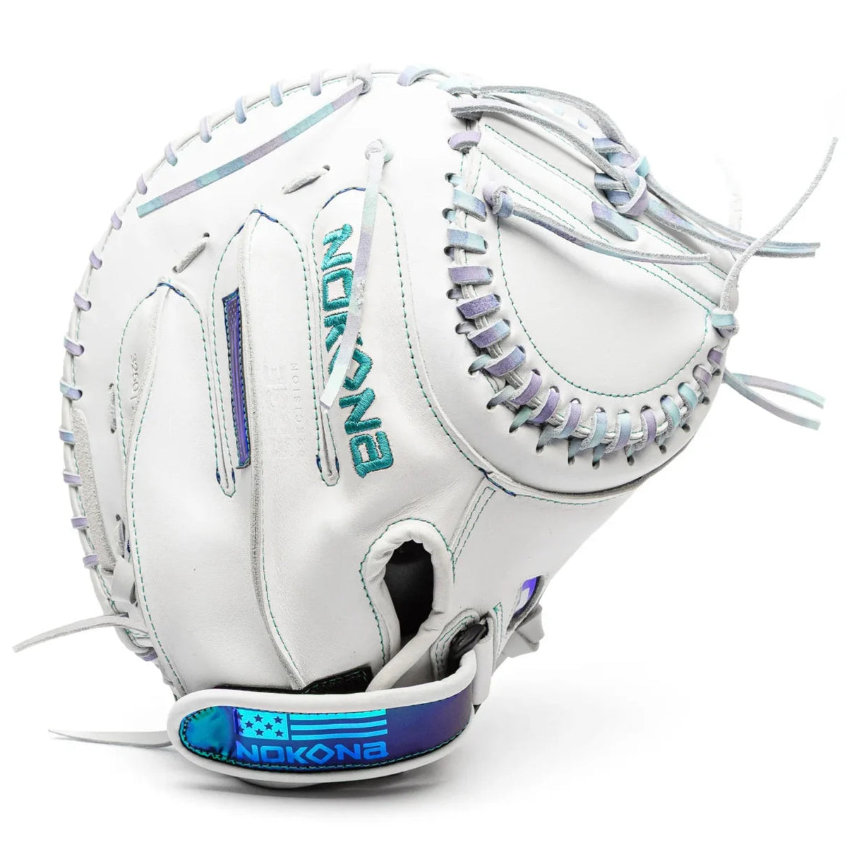 White Nokona Halo 32.5″ Fastpitch Catcher’s Mitt: WHT-EPV3250C with iridescent accents on the lacing and wrist strap.