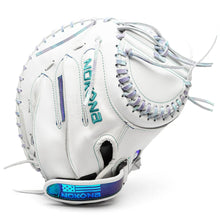 White Nokona Halo 32.5″ Fastpitch Catcher’s Mitt: WHT-EPV3250C with iridescent accents on the lacing and wrist strap.