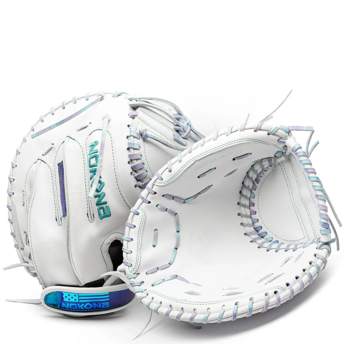 Nokona Halo 32.5″ Fastpitch Catcher’s Mitt: WHT-EPV3250C in white with iridescent lacing and blue detailing.