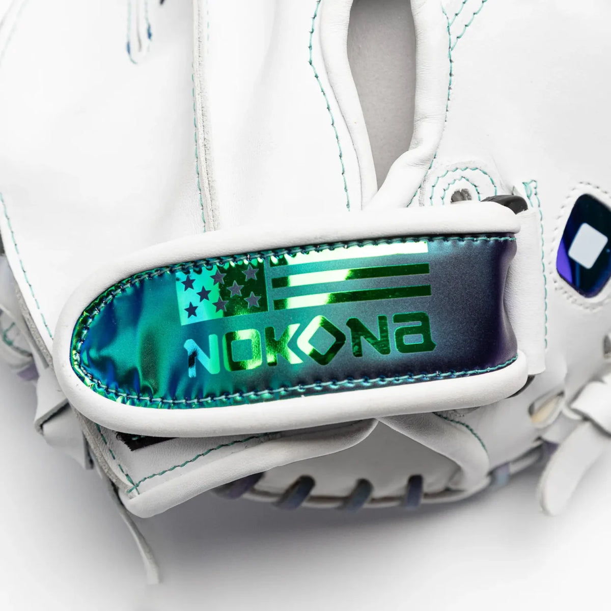 White Nokona Halo 34″ Fastpitch Catcher’s Mitt: WHT-EPV3400H featuring a wrist strap with a holographic American flag and brand logo.