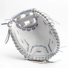Nokona Halo 34″ Fastpitch Catcher’s Mitt: WHT-EPV3400H in white with iridescent purple and blue lacing.