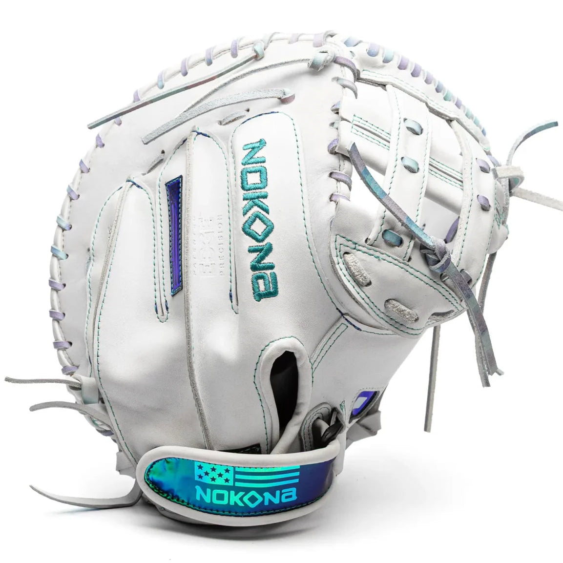 Nokona Halo 34″ Fastpitch Catcher’s Mitt: WHT-EPV3400H in white with iridescent accents and teal branding on the back and wrist strap.