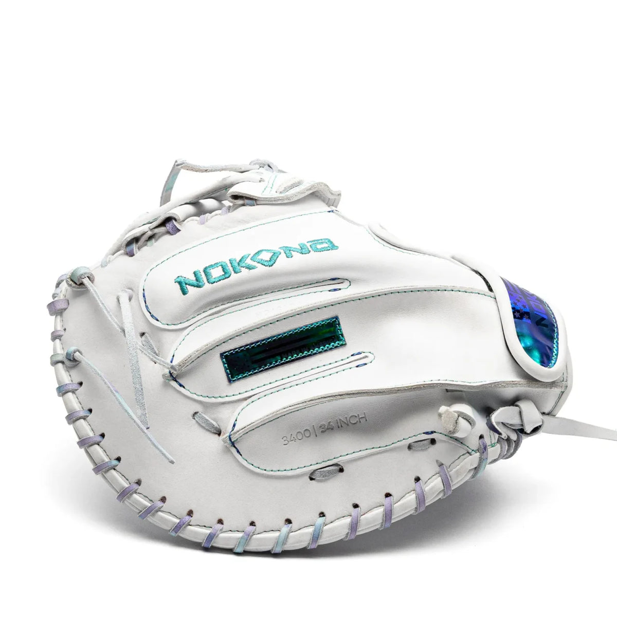 White Nokona Halo 34″ Fastpitch Catcher’s Mitt (WHT-EPV3400H) with iridescent lacing and accents.