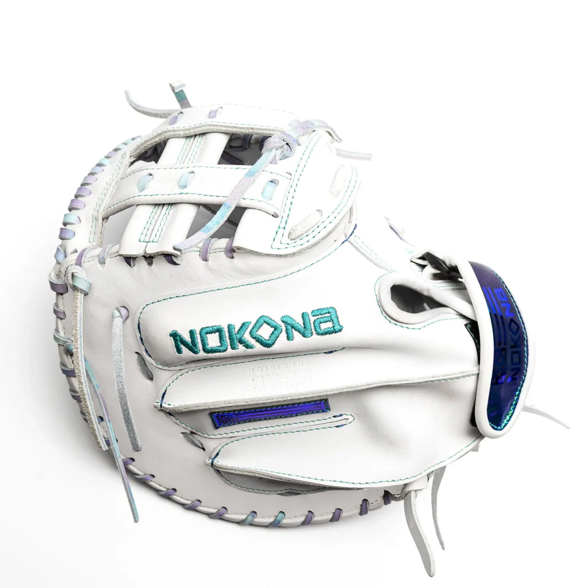 Nokona Halo 34″ Fastpitch Catcher’s Mitt: WHT-EPV3400H in white with iridescent purple lacing and teal branding on a white background.