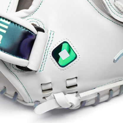 Close-up of a white Nokona Halo 34″ Fastpitch Catcher’s Mitt: WHT-EPV3400H, featuring iridescent teal accents and a square logo patch.