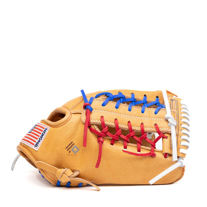 Nokona S1 All-American 11.25″ Baseball Glove: S1-EP200POP in tan with red and blue laces, white edge lacing, and an American flag patch on the thumb.