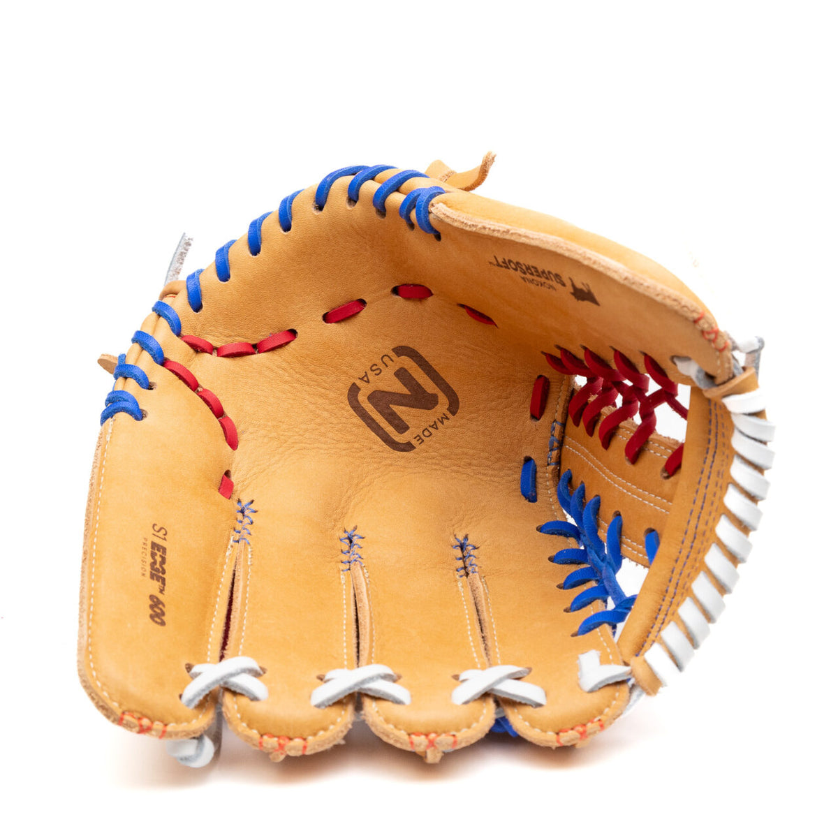 Nokona S1 All-American 12.25″ Baseball Glove: S1-EP600POP, a tan Supersoft Steerhide youth outfield glove with blue, white, and red lacing.