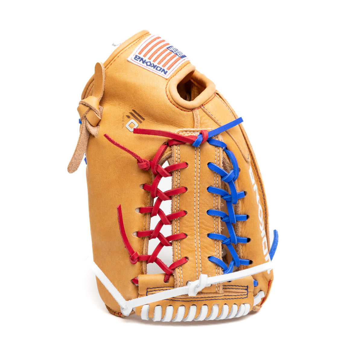 Nokona S1 All-American 11.25″ Baseball Glove: S1-EP200POP in tan Supersoft Steerhide leather featuring red and blue lacing, white stitching, and an American flag patch on the wrist strap.
