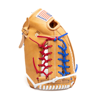 Nokona S1 All-American 12.25″ Baseball Glove: S1-EP600POP made of tan Supersoft Steerhide leather with red, blue, and white lacing and a United States flag patch on the wrist.