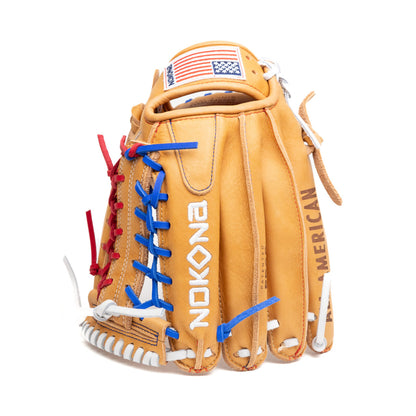 Nokona S1 All-American 12.25″ Baseball Glove: S1-EP600POP featuring tan leather, red and blue laces, a white web, and an American flag patch on the wrist strap.