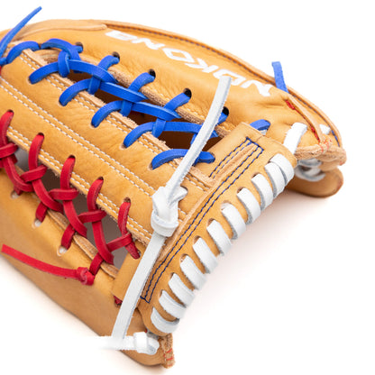 Nokona S1 All-American 11.25″ Baseball Glove: S1-EP200POP made from Supersoft Steerhide leather, laced with red, white, and blue strings.