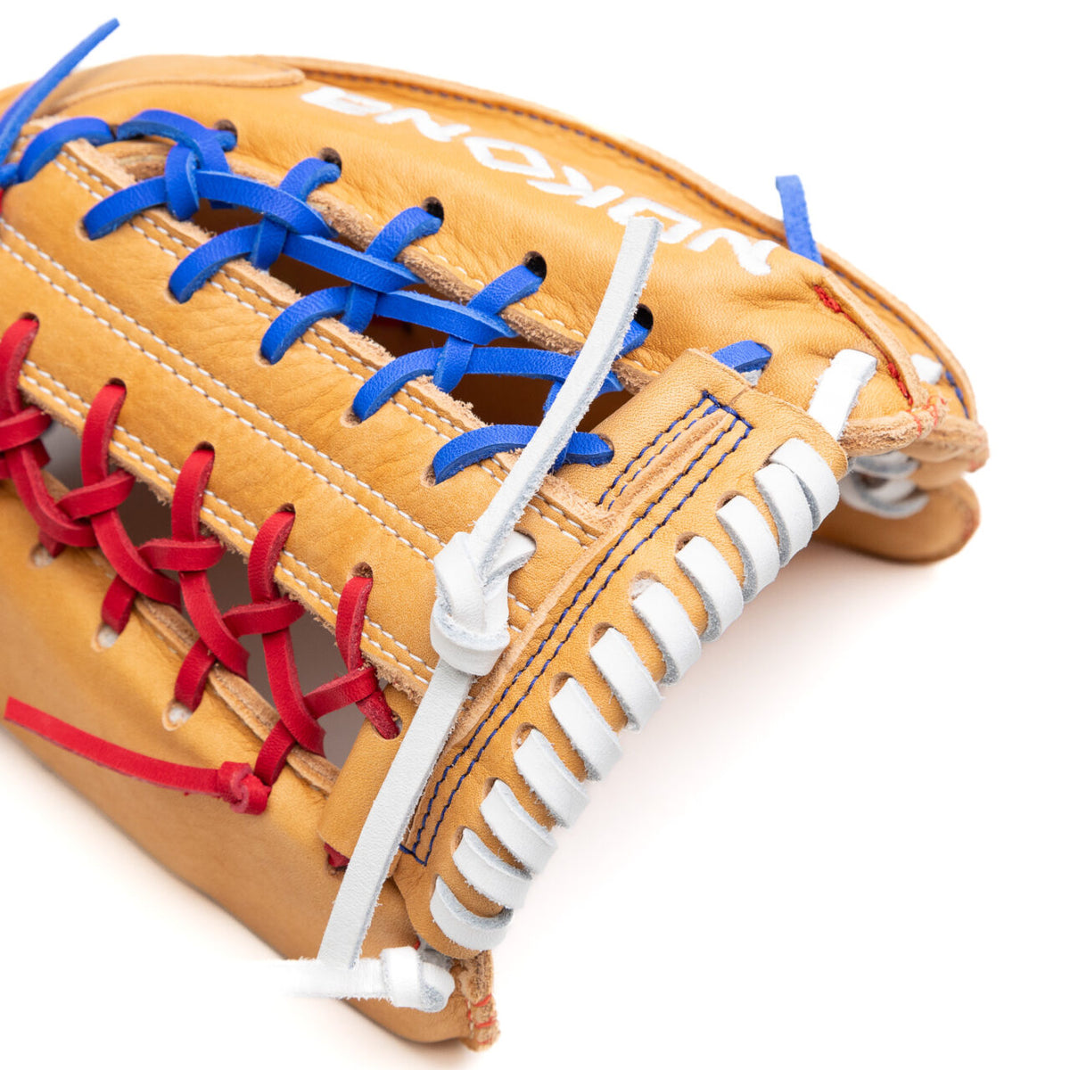 Tan Supersoft Steerhide leather Nokona S1 All-American 12.25″ Baseball Glove: S1-EP600POP with red, white, and blue lacing.