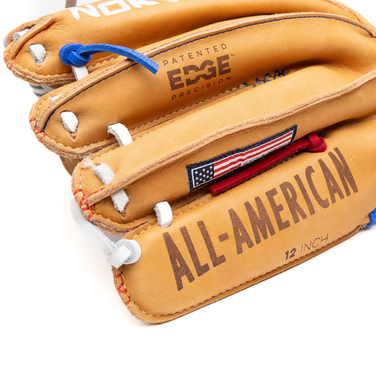 Nokona S1 All-American 12.25″ Baseball Glove: S1-EP600POP in supersoft tan steerhide, stamped with ALL-AMERICAN, EDGE, and 12 INCH, featuring an American flag patch and red, white, and blue lacing.