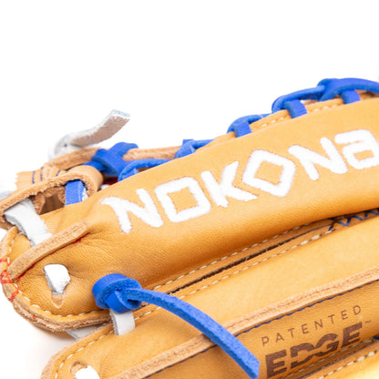 Close-up of a tan Nokona S1 All-American 12.25″ Baseball Glove: S1-EP600POP with blue laces, featuring the brand name embroidered in white and Patented Edge stamped on the leather.