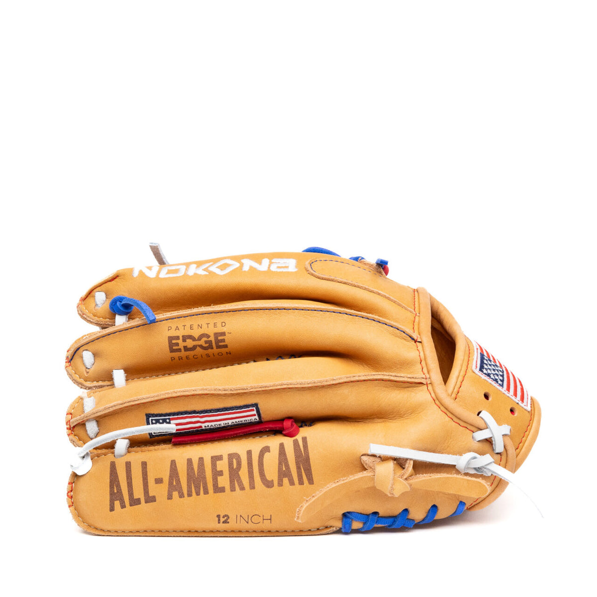 Tan Nokona S1 All-American 12.25″ Baseball Glove: S1-EP600POP in Supersoft Steerhide leather with blue laces, an American flag patch, and All-American printed on the side.