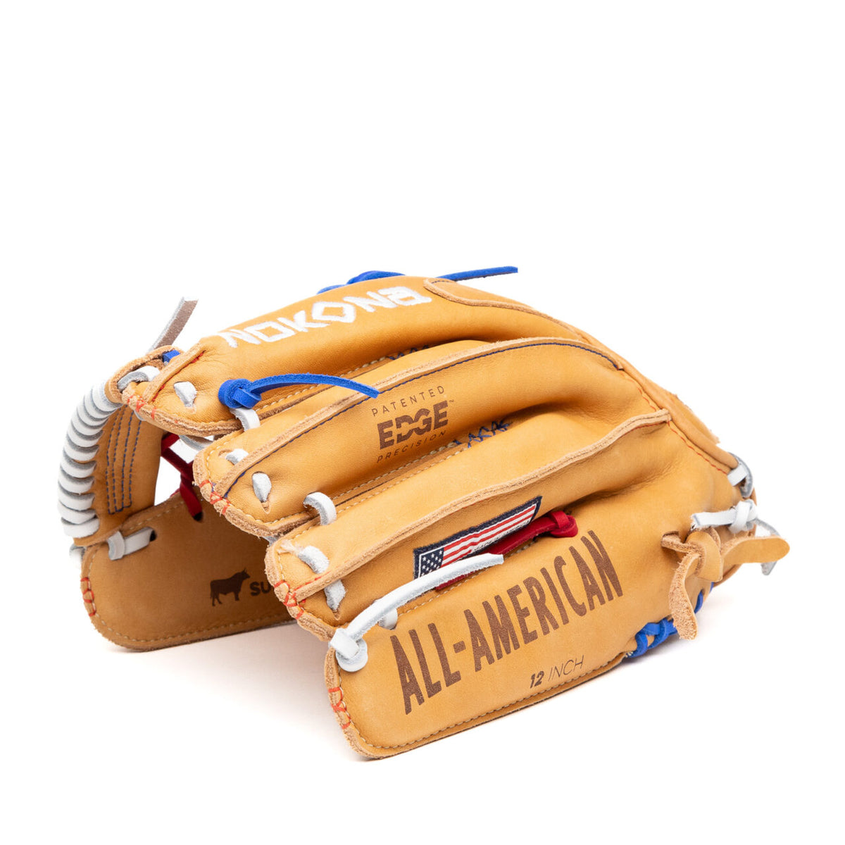Nokona S1 All-American 12.25″ Baseball Glove: S1-EP600POP in tan leather with blue and white lacing, featuring a stamped American flag patch and ALL-AMERICAN text on the side of this Supersoft Steerhide leather youth outfield glove.