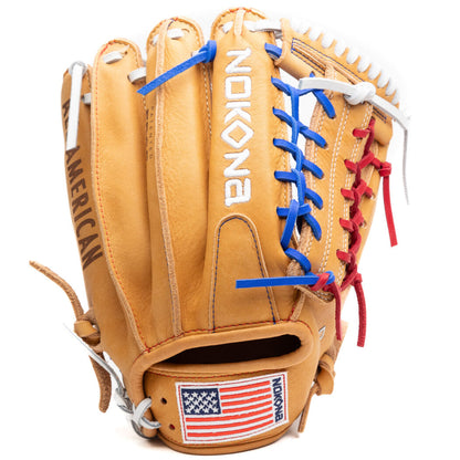 Nokona S1 All-American 11.25″ Baseball Glove: S1-EP200POP made of Supersoft Steerhide leather, featuring a tan glove with blue and red lacing, white webbing, and an American flag patch on the wrist strap.