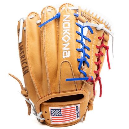 Nokona S1 All-American 12.25″ Baseball Glove: S1-EP600POP in tan with blue and red lacing, white webbing, and an American flag patch on the wrist strap.