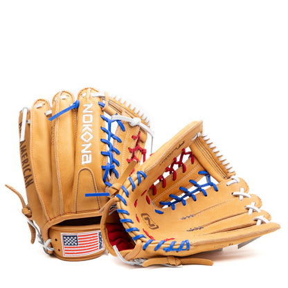 Two tan Supersoft Steerhide leather Nokona S1 All-American 12.25″ Baseball Glove: S1-EP600POP baseball gloves featuring red, white, and blue laces, with an American flag patch on the wrist strap.